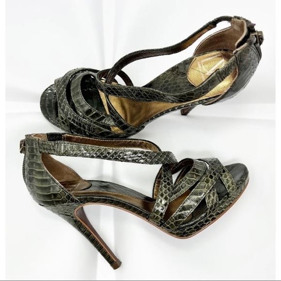 Diane von Furstenberg Sz 5.5 M Green Snake Snakeskin Embossed Heeled Sandals - Picture 1 of 11